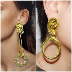 Schiaparelli Inspired Asymmetrical Gold and Green Statement Earrings Abstract